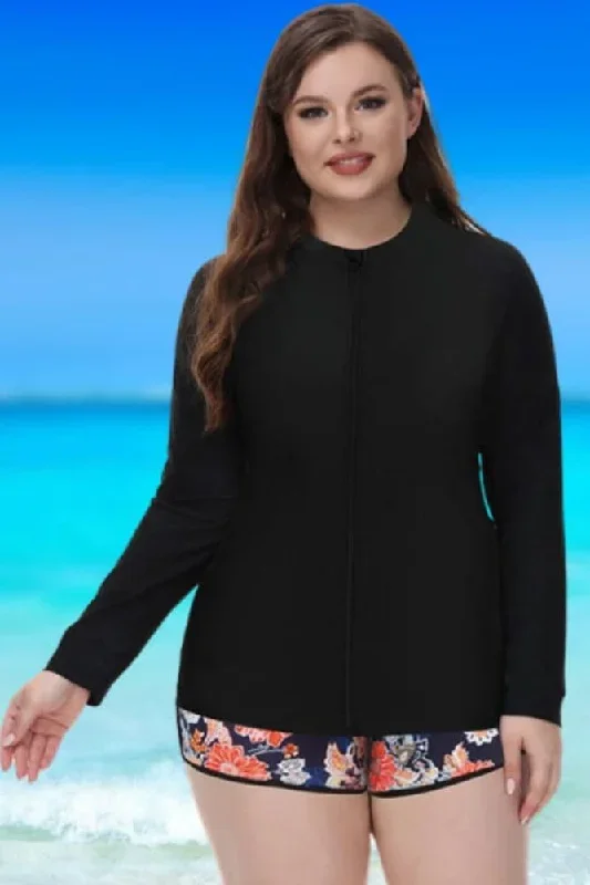 Black Long Sleeve Zip-up Jacket 3pcs Tankini Set