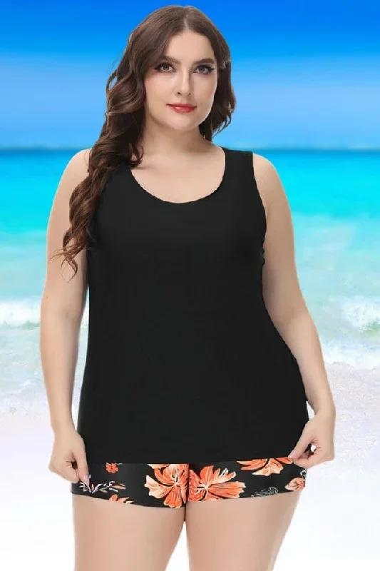 Black&Floral Hollowed-Out 3pcs Tankini Set