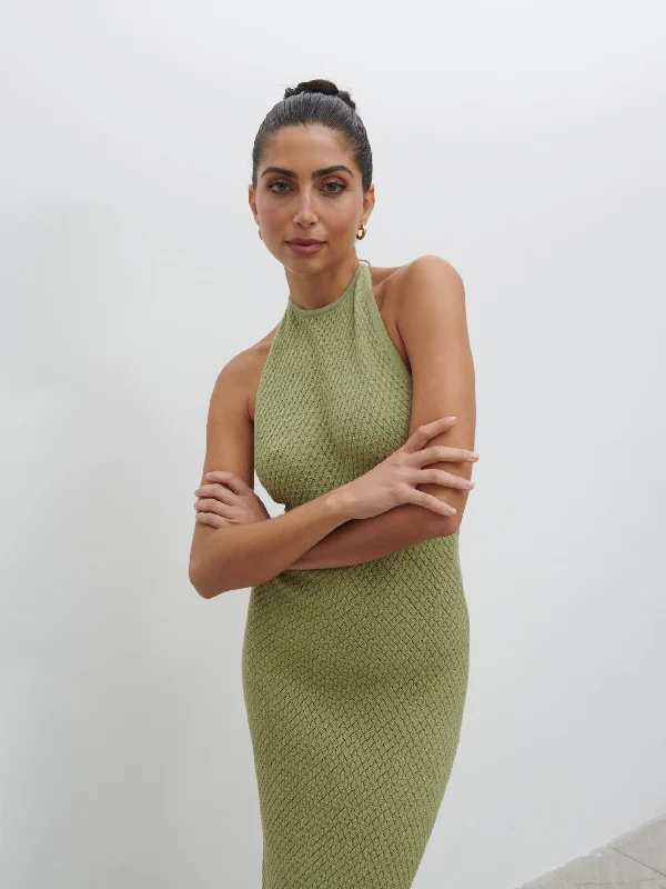 Jenna Halter Neck Knit Midaxi Dress - Pistachio