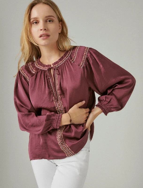 Lucky Brand Women's Embroidered Satin Peasant Top