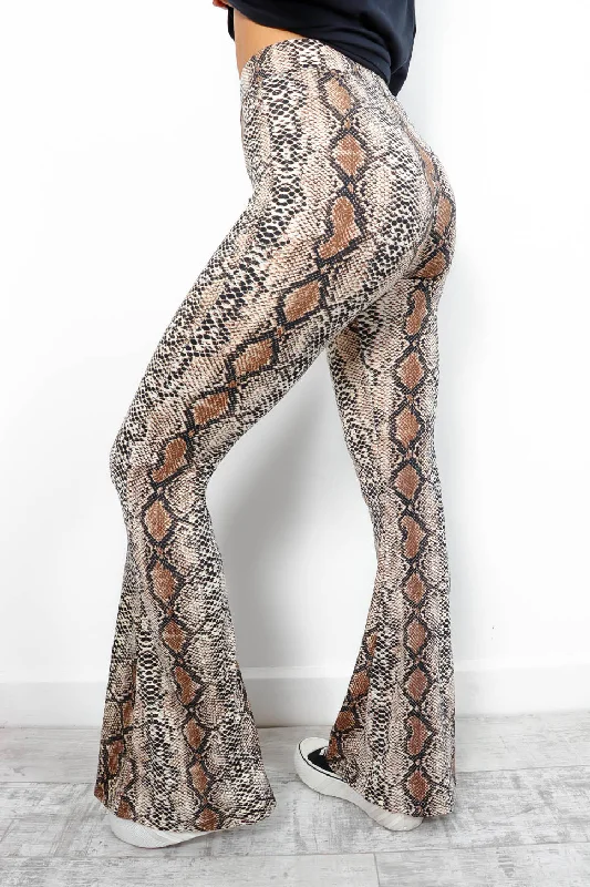 never-change-beige-snake-print-flared-trousers