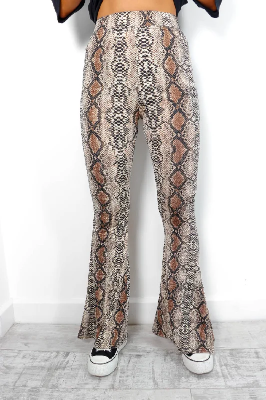 never-change-beige-snake-print-flared-trousers