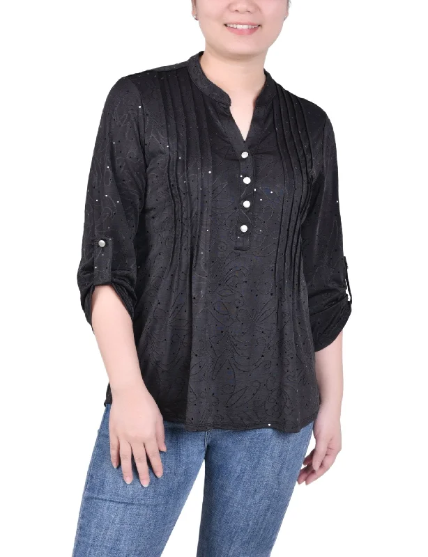 3/4 Sleeve Roll Tab Y Neck Top - Petite