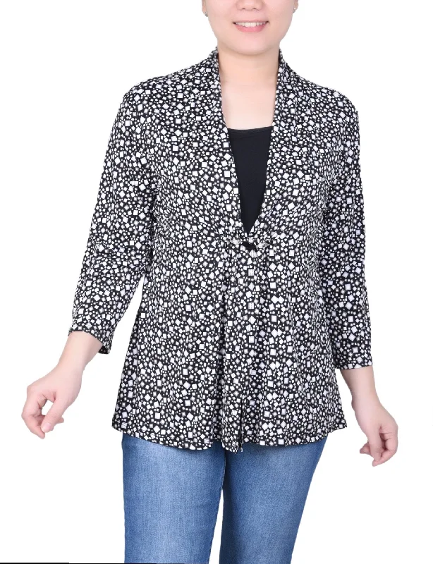 Puff Print 3/4 Sleeve Two-Fer Top - Petite