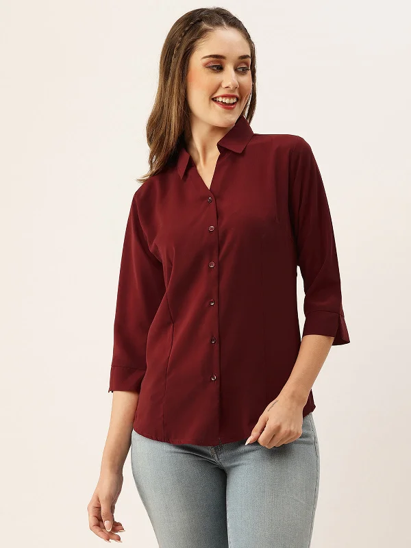 Odette Maroon Synthetic Solid Stitched Shirt For Women