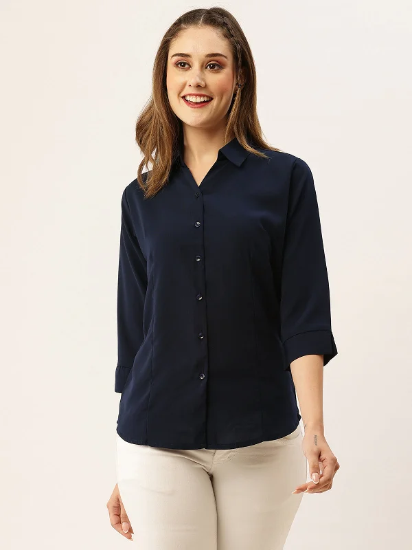 Odette Navy Blue Synthetic Solid Stitched Shirt For Women