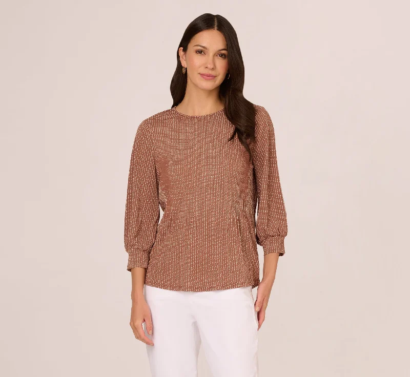 Pleated Stretch Knit Crepe Trapeze Top In Toasted Ginger Ivory Seed Dot