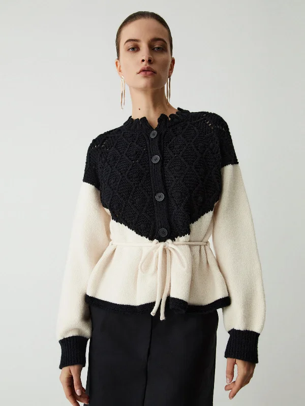 Pointelle Knit Patchwork Tie Front Sweater