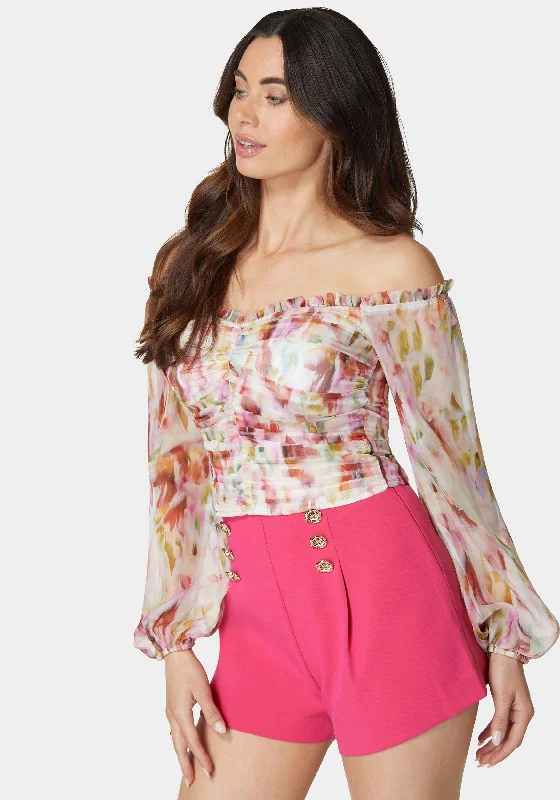 printed-chiffon-cold-shoulder-ruched-top-rainbow-fusion-print