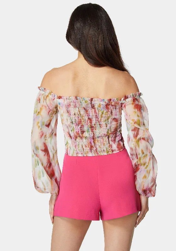 printed-chiffon-cold-shoulder-ruched-top-rainbow-fusion-print