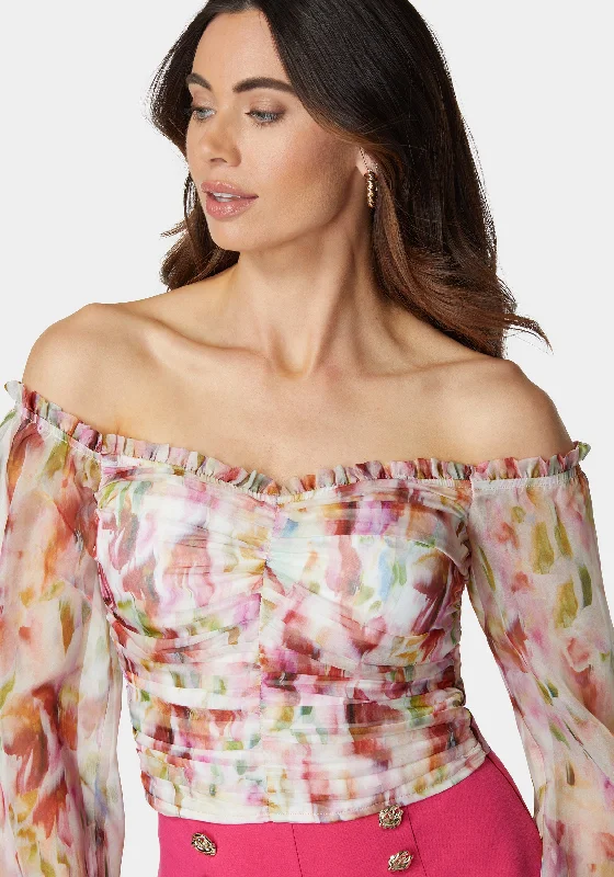 printed-chiffon-cold-shoulder-ruched-top-rainbow-fusion-print