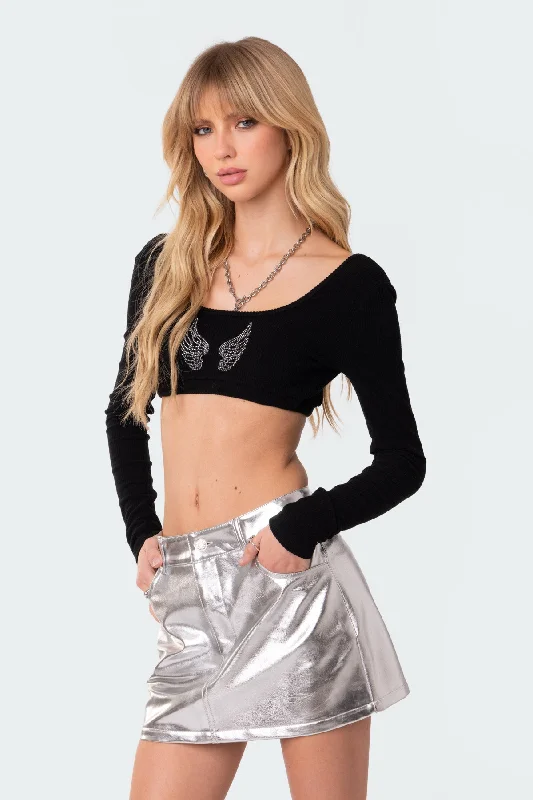 Angelic Rhinestone Ribbed Open Back Crop Top