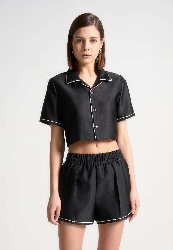 Satin Cropped Shirt with Piping - Black