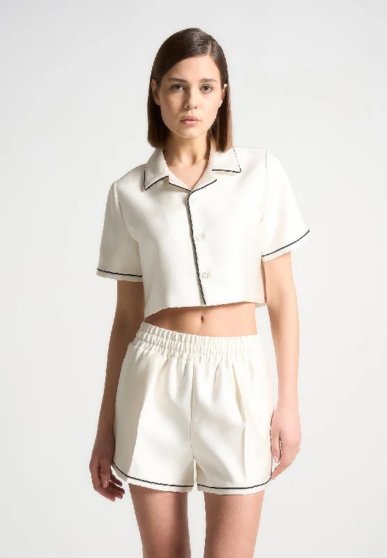 Satin Cropped Shirt with Piping - Cream