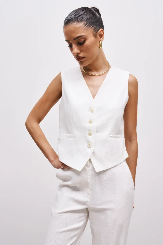 Straight Cut Linen Waistcoat - White