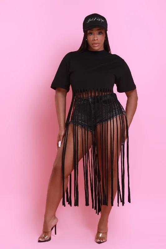 Strings Attached Short Sleeve Longline Fringe Top - Black