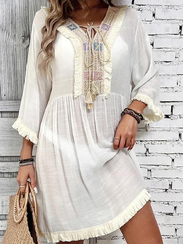 Sunset Vacation  Fringe Tie Neck Three-Quarter Sleeve Beach Cover Up