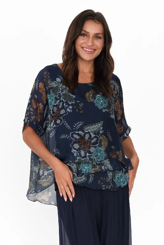 Talia Navy Flower Silk Layer Top