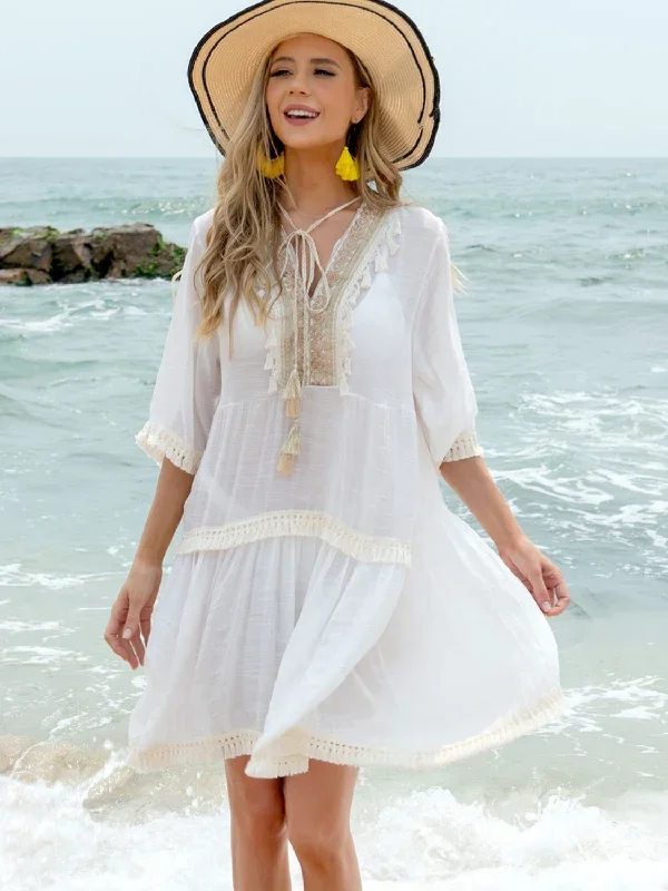 Sunset Vacation Tassel Lace Detail Half Sleeve Cover-Up Dress