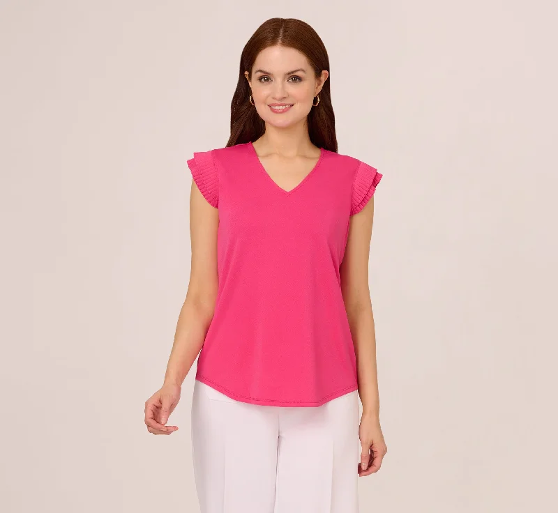 V-Neck Top With Pleated Flutter Sleeves In Fuchsia Fedora