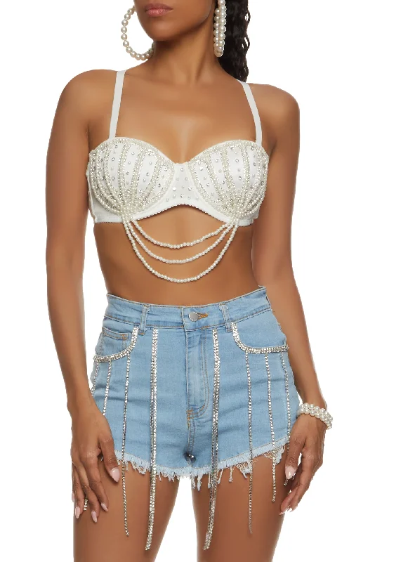 Rhinestone Faux Pearl Convertible Bustier Top