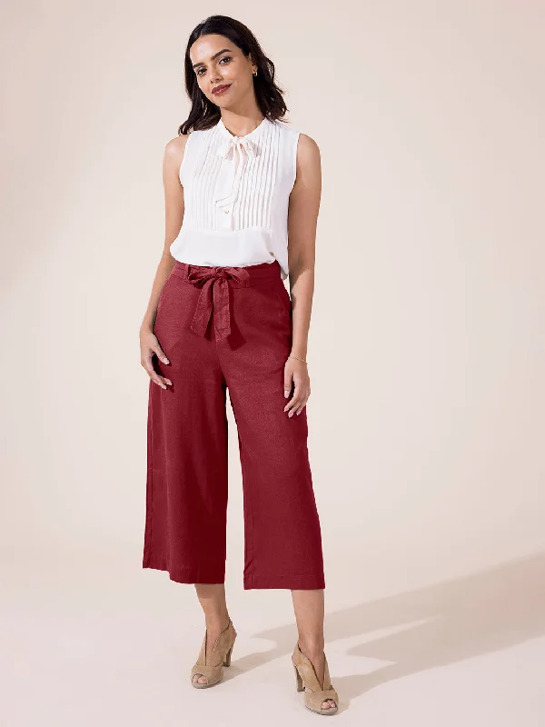 Women Solid Bright Maroon Linen Mid Rise Culottes