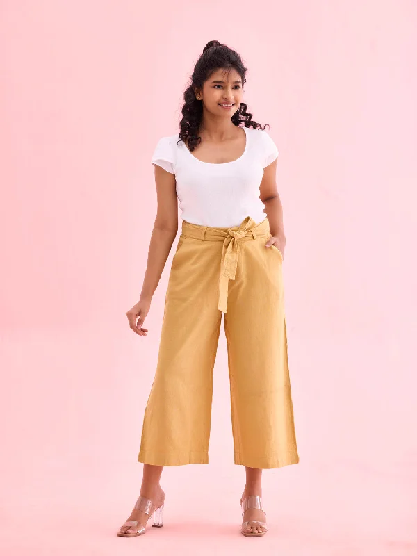 Women Solid Light Mustard Linen Mid Rise Culottes