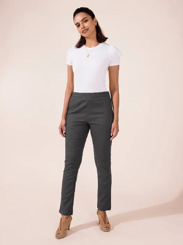 Women Solid Silver Grey Mid Rise Linen Pencil Pants