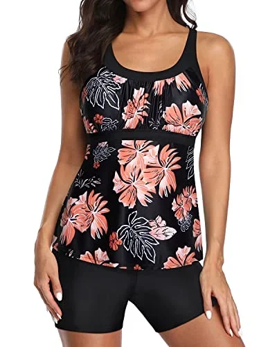 Athletic Racerback Tankini Swimsuits Boyshorts For Women-Black Orange Floral