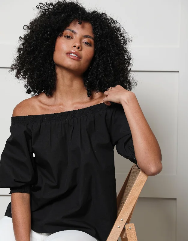 Women's Black Off the Shoulder Bardot Puff Sleeve Top