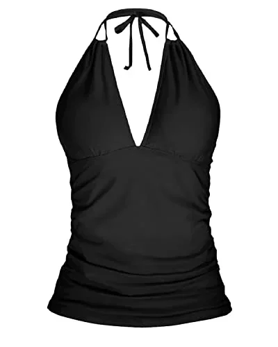 V Neck Halter Tankini Top Ruched Tummy Control Bathing Suit Top-Black