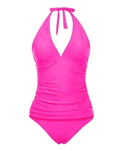 Two Piece Ruched Tankini Swimsuit For Tummy Control-Neon Pink