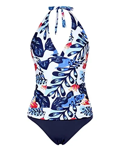 Two Piece Sexy V Neck Halter Tankini Top With Bikini Bottom-White And Blue Floral