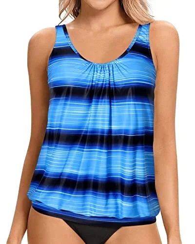 Modest Blouson Tankini Top Soft Bra Paddings For Women-Black And Blue Stripes