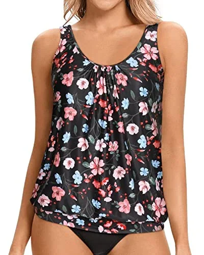 Flattering Black Scoop Neck Swim Top For Women-Black Floral