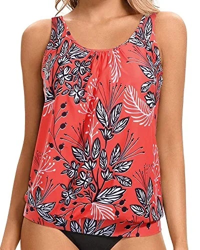 Women's Stylish Blouson Tankini Top Supportive Bra Padding-Red Floral