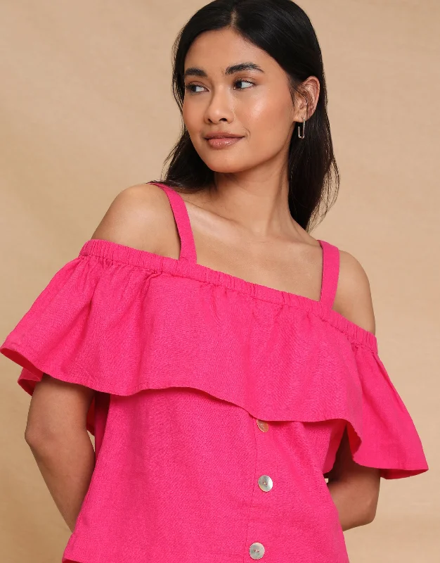 womens-hot-pink-linen-blend-strap-frill-detail-button-down-bardot-top-tblk07104c