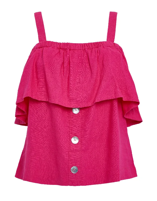 womens-hot-pink-linen-blend-strap-frill-detail-button-down-bardot-top-tblk07104c