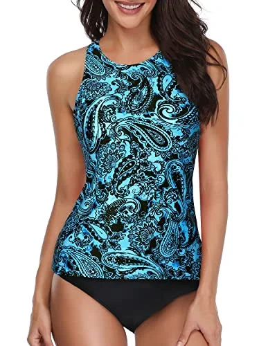 Sexy And Slim Backless Tankini Swimsuit Set For Women-Blue Paisley