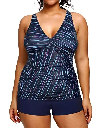 Women's Plus Size Tummy Control Tankini Swimsuit Shorts-Navy Blue